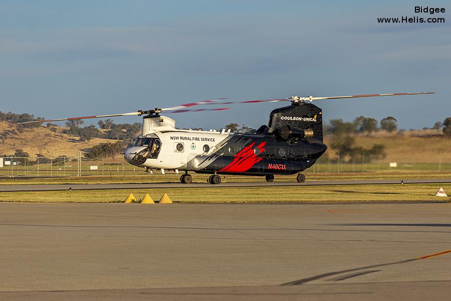 Helicopter Boeing CH-47D Chinook Serial M.3323 Register N40CU N160AW 89-00169 used by NSW RFS (NSW Rural Fire Service) ,UC Helitanker ,US Army Aviation Army. Aircraft history and location