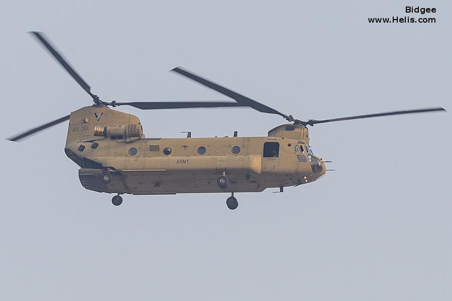 Helicopter Boeing CH-47F Chinook Serial M.7431 Register A15-301 used by Australian Army Aviation (Australian Army). Built 2015. Aircraft history and location