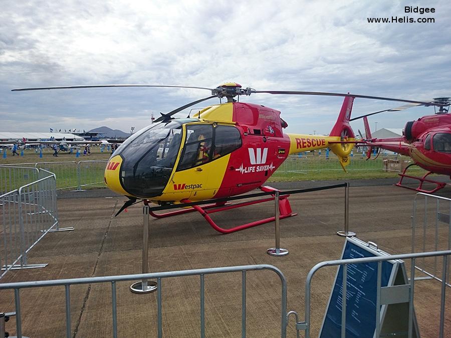 Helicopter Eurocopter EC120B Serial 1071 Register VH-ECP ZK-HLN used by Australia Air Ambulances WRHS (Westpac Life Saver Rescue Helicopter Service) ,Microflite. Built 1999. Aircraft history and location