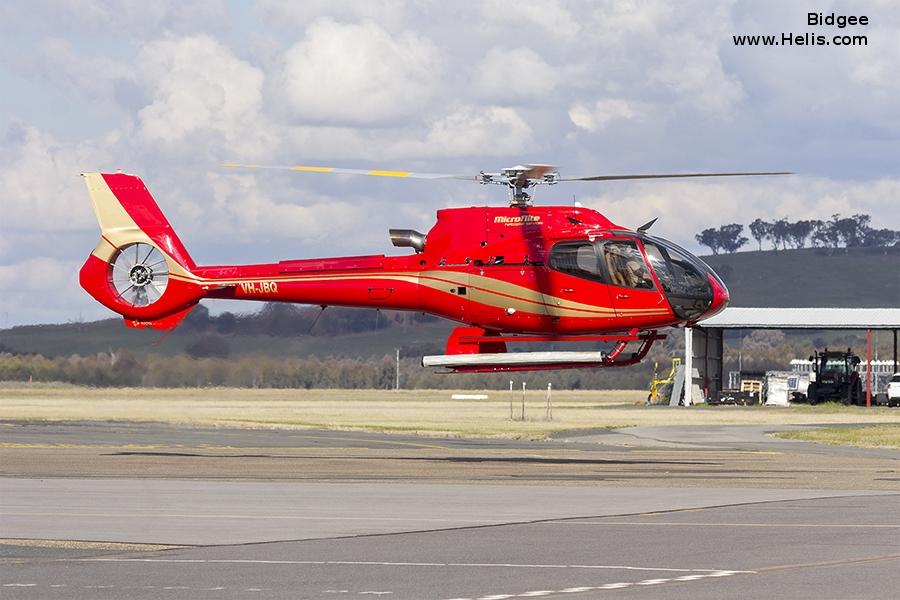 Helicopter Eurocopter EC130T2 Serial 7762 Register VH-JBQ used by Microflite. Built 2013. Aircraft history and location