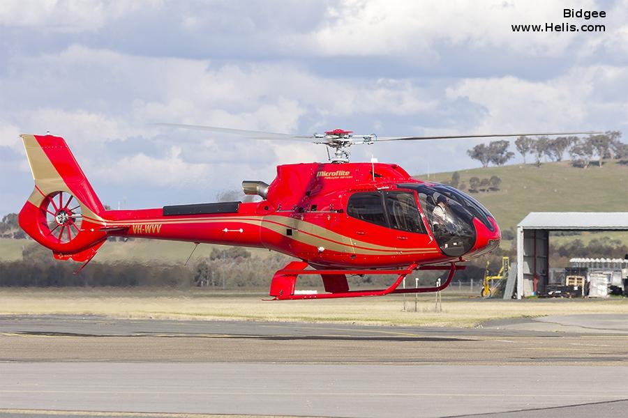Helicopter Airbus H130 Serial 8103 Register VH-WVV VH-FAT used by Microflite. Built 2015. Aircraft history and location