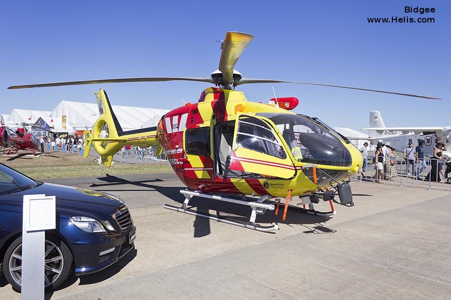 Helicopter Eurocopter EC135P2 Serial 0331 Register VH-NVG VH-ESZ D-HECA used by Australia Air Ambulances SLSQ (Surf Life Saving Queensland) ,QGAir (Queensland Government Air) ,Local Governments (Government of Australia) ,Eurocopter Deutschland GmbH (Eurocopter Germany). Built 2004. Aircraft history and location