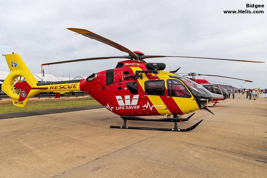 Helicopter Eurocopter EC135P2+ Serial 0643 Register VH-VJB VH-MQS used by Australia Air Ambulances WRHS (Westpac Life Saver Rescue Helicopter Service) ,Microflite. Built 2008. Aircraft history and location