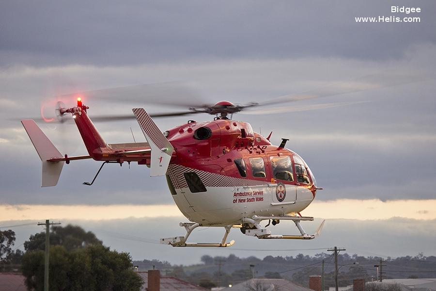 Helicopter Eurocopter EC145 Serial 9235 Register MT-1111 VH-SYG used by Heli-Union ,Australia Air Ambulances NSW Ambulance ,CHC Helicopters Australia. Built 2009. Aircraft history and location