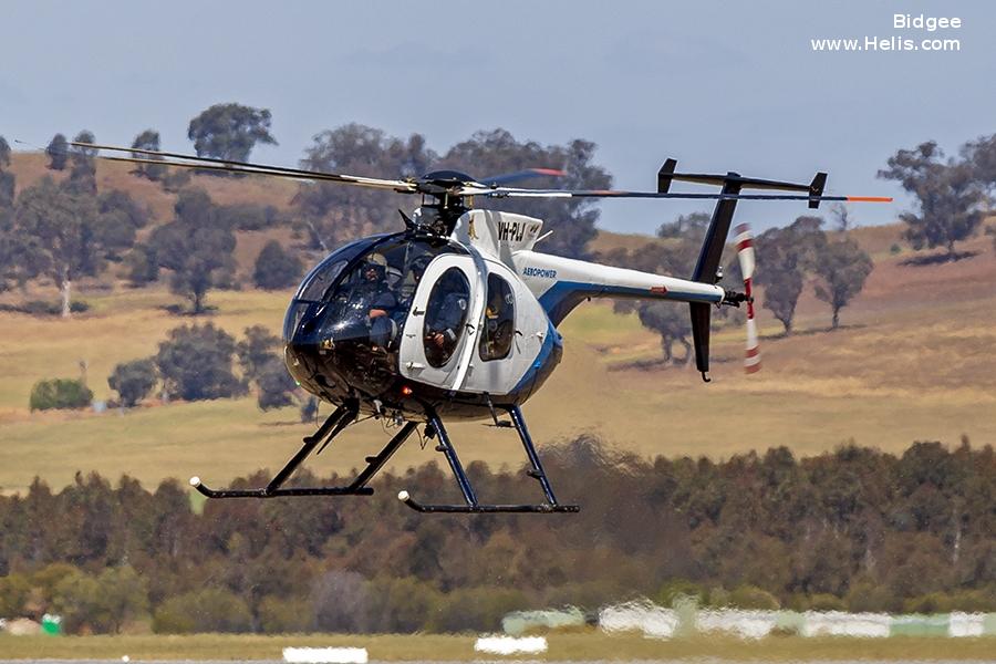 Helicopter Hughes 369D / 500D Serial 1280445D Register VH-PLJ P2-PHQ used by Aeropower. Built 1979. Aircraft history and location