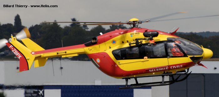 Helicopter Eurocopter EC145 Serial 9049 Register F-ZBPX D-HRWG used by Sécurité Civile (French Civilian Security) ,Eurocopter Deutschland GmbH (Eurocopter Germany). Built 2004. Aircraft history and location