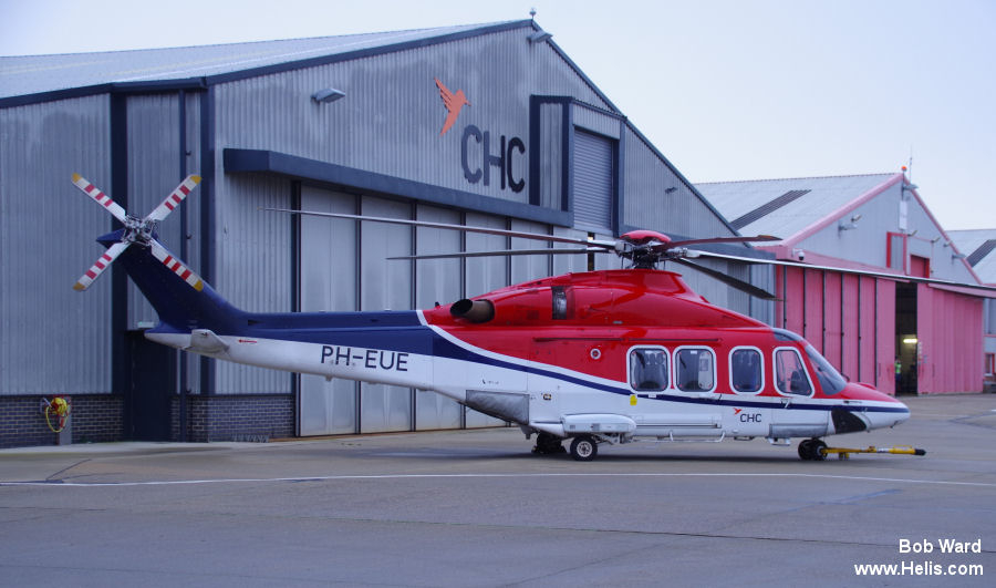Helicopter AgustaWestland AW139 Serial 31387 Register PH-EUE used by CHC Helicopters Netherlands bv CHC NL. Built 2011. Aircraft history and location