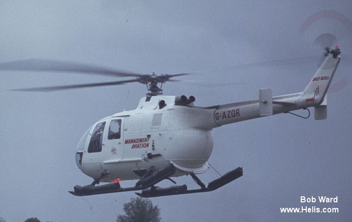 Helicopter MBB Bo105C Serial S-20 Register G-WAAN G-AZOR EC-DOE D-HDAC used by PDG Helicopters ,UK Air Ambulances GNAAS (Great North Air Ambulance Service) ,Bond Aviation Group ,WAAC (Wales Air Ambulance) ,MBB. Built 1971. Aircraft history and location
