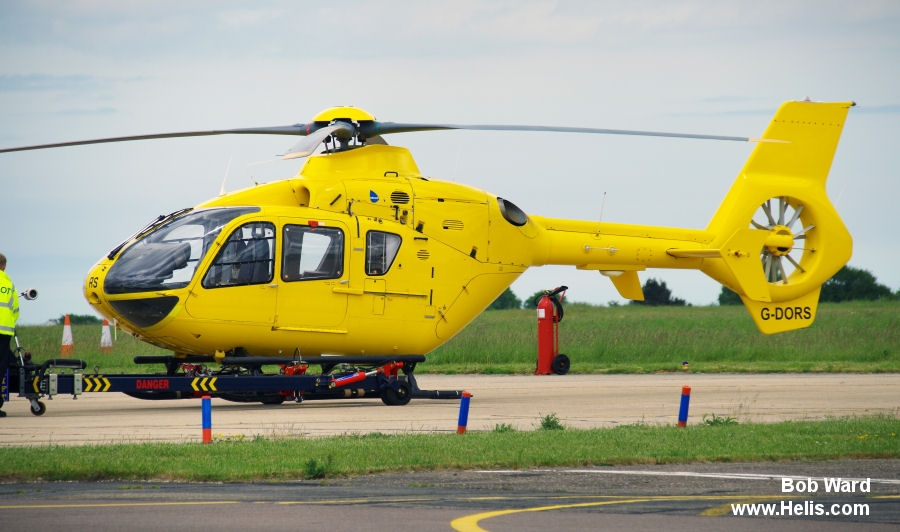 Helicopter Eurocopter EC135T2+ Serial 0517 Register OE-XHM G-DORS used by Wucher Helicopter ,Babcock International Babcock Babcock Mission Critical Services Onshore ,UK Air Ambulances DSAA (Dorset and Somerset Air Ambulance) ,Bond Aviation Group. Built 2006. Aircraft history and location