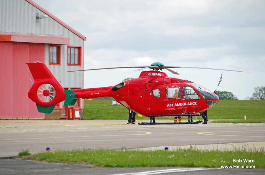 Helicopter Eurocopter EC135T2+ Serial 1070 Register G-HEMN used by UK Air Ambulances ,WAAC (Wales Air Ambulance) ,Babcock International Babcock ,EAAA (East Anglian Air Ambulance) ,Bond Aviation Group. Built 2012. Aircraft history and location