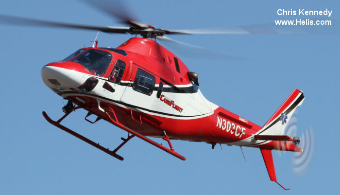 Helicopter Agusta A119 Koala Serial 14010 Register N303CF N5LF used by TriState CareFlight Life Flight. Built 2000. Aircraft history