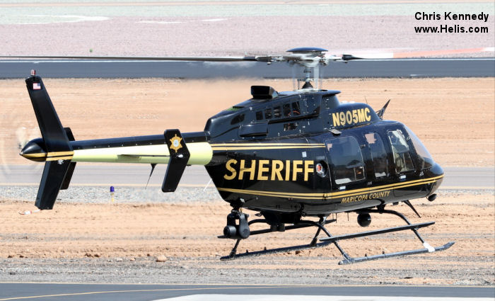 Helicopter Bell 407 Serial 53214 Register N905MC used by MCSO (Maricopa County Sheriffs Office). Built 1997. Aircraft history and location