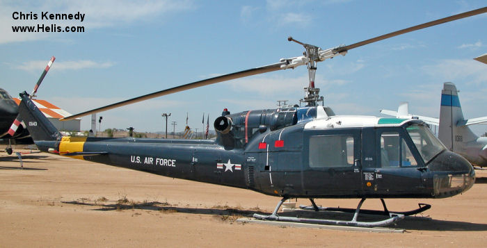 Helicopter Bell UH-1F Iroquois Serial 7003 Register 63-13143 used by US Air Force USAF. Built 1964. Aircraft history and location