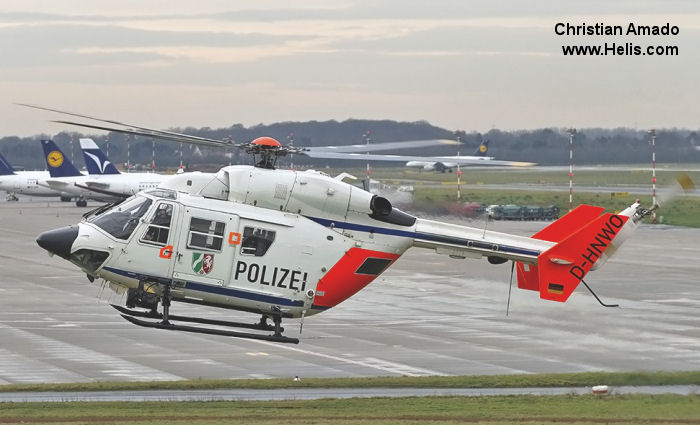 Helicopter Eurocopter BK117C-1 Serial 7552 Register OE-XFL D-HNWO used by Landespolizei (German Local Police). Built 2004. Aircraft history and location