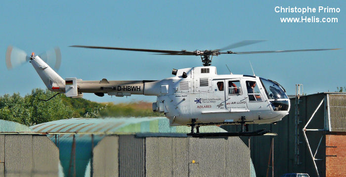Helicopter MBB Bo105CBS-5 Serial S-929 Register D-HBWH D-HBOA used by Air Lloyd Deutsche Helicopter Flugservice GmbH (air lloyd german helicopter flight service) Landespolizei (German Local Police) Eurocopter Deutschland GmbH (Eurocopter Germany). Built 1997. Aircraft history and location