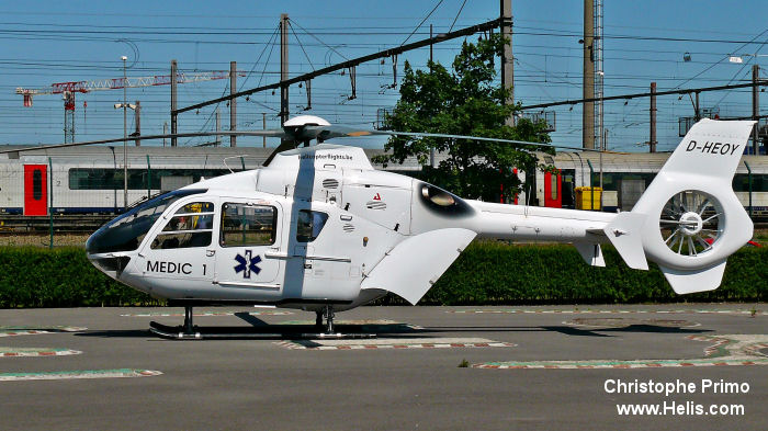 Helicopter Eurocopter EC135T1 Serial 0035 Register 9H-RSQ D-HEOY I-HEMS used by Heliventure FTO / HelicopterFlights ,SHS heli 3 ,Helicopter Travel Munich HTM ,DRF Luftrettung DRF Christoph 60 (DRF) ,International Flug-Ambulanz Christoph 61 (IFA) ,Christoph Leipzig (IFA). Built 1997. Aircraft history and location