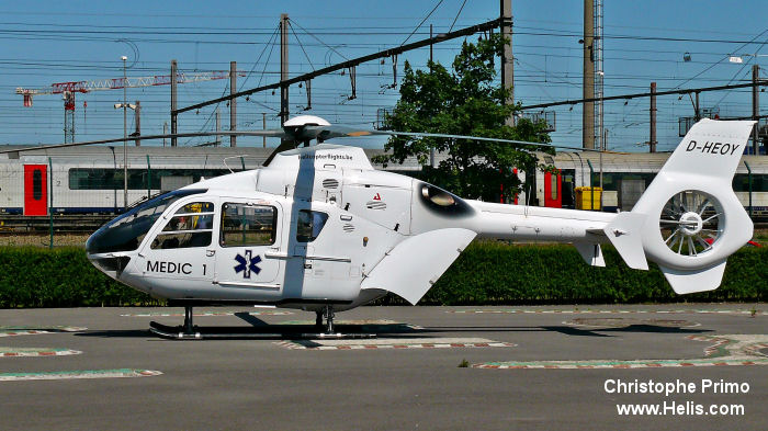 Helicopter Eurocopter EC135T1 Serial 0035 Register D-HEOY I-HEMS used by Heliventure FTO / HelicopterFlights ,SHS heli 3 ,Helicopter Travel Munich HTM ,DRF Luftrettung DRF Christoph 60 (DRF) ,International Flug-Ambulanz Christoph 61 (IFA) ,Christoph Leipzig (IFA). Built 1997. Aircraft history and location