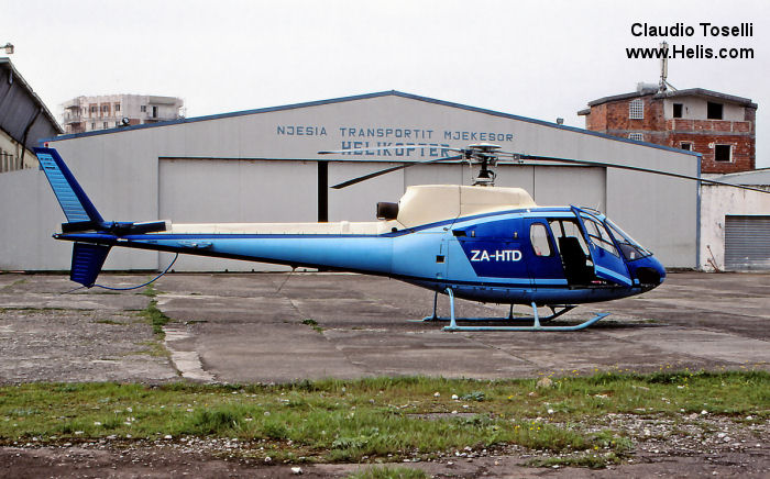 Helicopter Aerospatiale AS350B Ecureuil Serial 1851 Register ZA-HTD used by Ministria e Brendshme - Policia e Shtetit PSH (Ministry of Interior State Police). Built 1985. Aircraft history and location