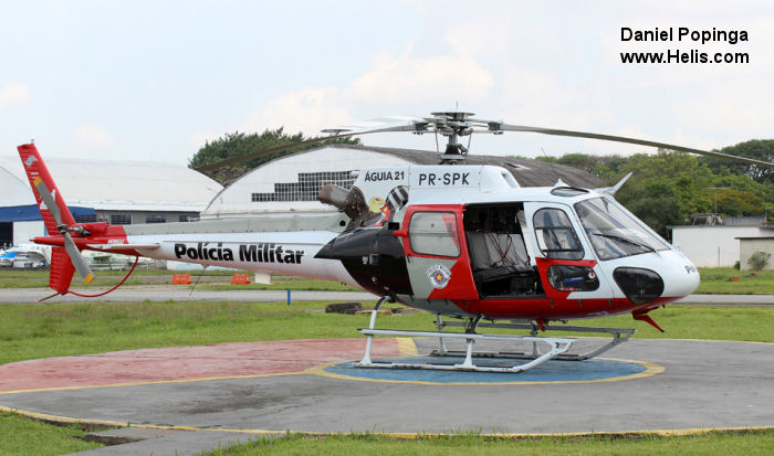 Helicopter Eurocopter HB350B2 Esquilo Serial 7081 Register PR-SPK used by Policia Militar do Brasil (Brazilian Military Police) ,Helibras. Aircraft history and location