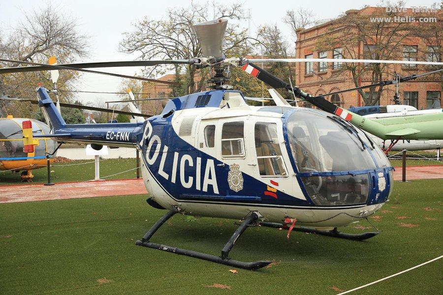 Helicopter MBB Bo105CBS-4 Serial S-870 Register EC-FNN EC-981 D-HMBM D-HFNB used by Cuerpo Nacional de Policia CNP (National Police Corps) ,MBB Converted to Bo105CBS-5. Aircraft history and location