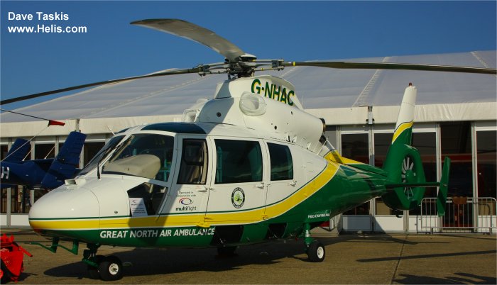 Helicopter Eurocopter AS365N2 Dauphin 2 Serial 6497 Register G-NHAC VP-BEO N28LA TC-HDO used by UK Air Ambulances GNAAS (Great North Air Ambulance Service) ,Multiflight Ltd. Built 1995. Aircraft history and location