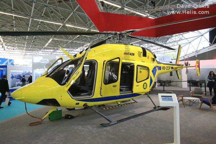 Helicopter Bell 429 Serial 57324 Register HB-ZOP used by Heliand SA ,Skymedia AG ,Bell Helicopter Europe. Built 2016. Aircraft history and location