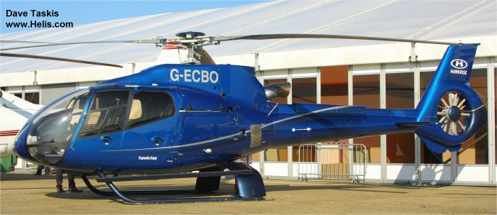 Helicopter Eurocopter EC130B4 Serial 4276 Register OO-PAT G-ECBO used by Eurocopter UK. Built 2007. Aircraft history and location