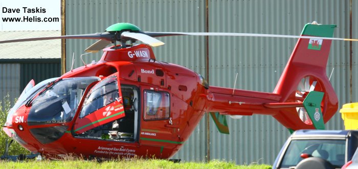 Helicopter Eurocopter EC135T2+ Serial 0746 Register G-GWAC G-WASN used by UK Air Ambulances GWAAC (Great Western Air Ambulance) ,Babcock International Babcock ,WAAC (Wales Air Ambulance) ,Bond Aviation Group ,Eurocopter UK. Built 2008. Aircraft history and location