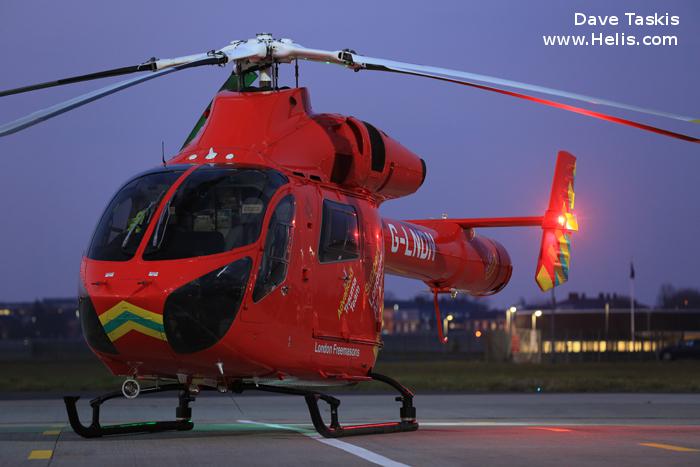 Helicopter McDonnell Douglas MD902 Explorer Serial 900/00125 Register G-LNDN A7-NHA N999GQ used by UK Air Ambulances LAA (London Air Ambulance) ,Gulf Helicopters ,MD Helicopters MDHI. Built 2008. Aircraft history and location