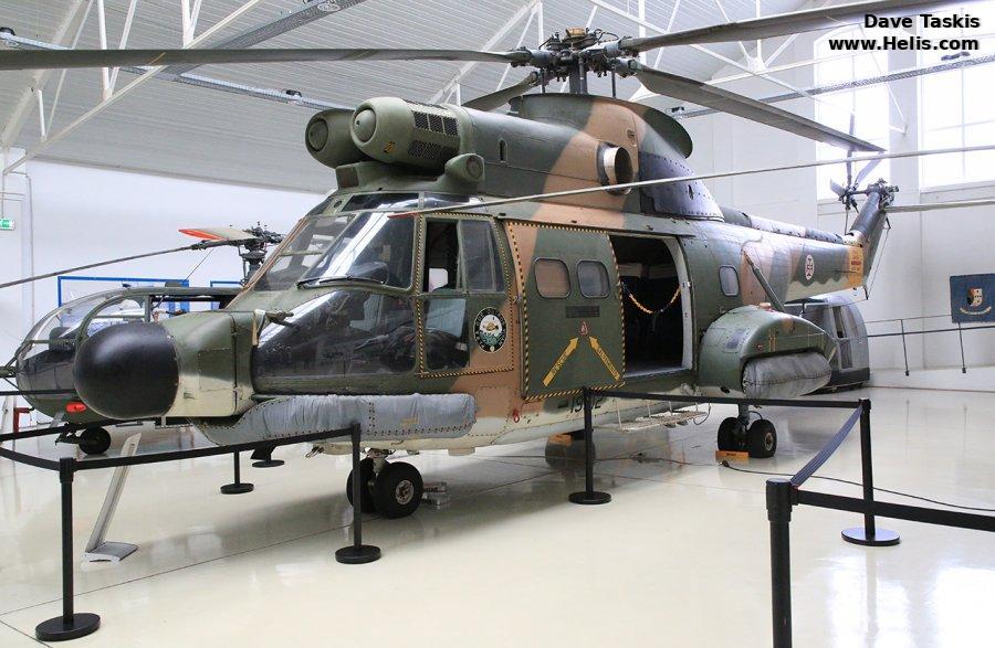 Helicopter Aerospatiale SA330C Puma Serial 1065 Register 19512 9512 used by Força Aérea Portuguesa (Portuguese Air Force). Built 1970. Aircraft history and location