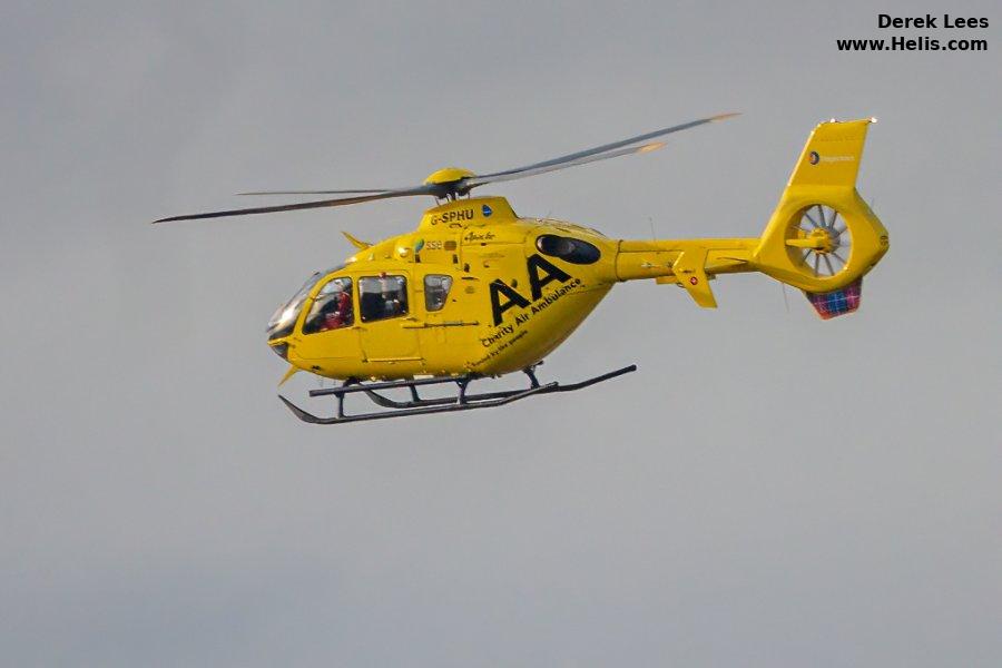 Helicopter Eurocopter EC135T2 Serial 0245 Register G-SPHU D-HKBA used by UK Air Ambulances SCAA (Scotland Charity Air Ambulance) ,HIOWAA (Hampshire and Isle of Wight Air Ambulance) ,Babcock International Babcock ,EAAA (East Anglian Air Ambulance) ,NWAA (North West Air Ambulance) ,UK Police Forces ,Bond Aviation Group ,McAlpine Helicopters ,Eurocopter Deutschland GmbH (Eurocopter Germany). Built 2002. Aircraft history and location