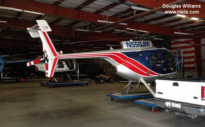 Helicopter Hughes 369E / 500E Serial 0013E Register N550JM N501RB used by Riverside Police Department. Built 1982. Aircraft history and location