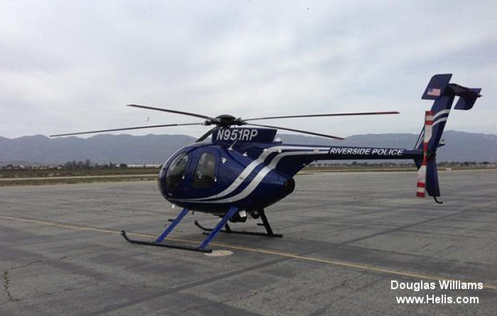 Helicopter MD Helicopters MD500E Serial 0583E Register N951RP used by Riverside Police Department. Built 2008. Aircraft history and location