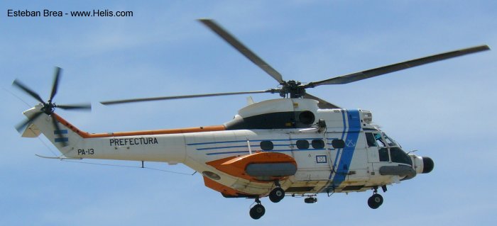 Helicopter Aerospatiale SA330L Puma Serial 1598 Register PA-13 used by Prefectura Naval Argentina PNA (Argentine Coast Guard). Built 1978. Aircraft history and location