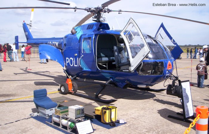 Helicopter MBB Bo105CBS-2 Serial S-399 Register LV-ZZW LQ-ZZW D-HNWB D-HDLO used by Policias Provinciales (Argentine Provinces Police Units) ,Landespolizei (German Local Police) ,MBB. Built 1978. Aircraft history and location