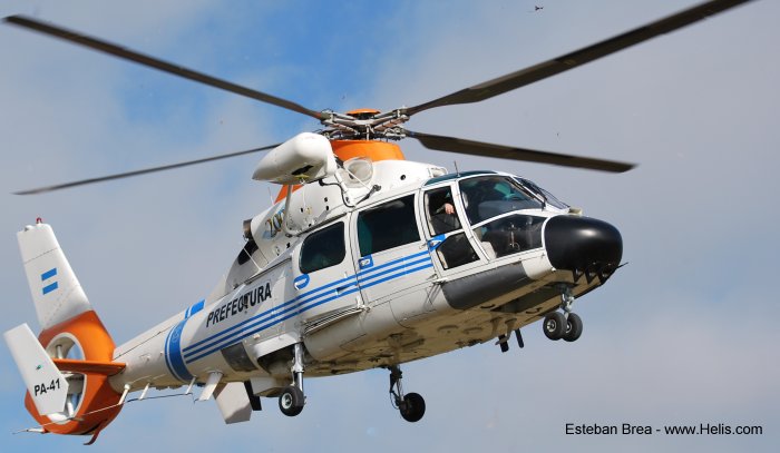Helicopter Eurocopter AS365N2 Dauphin 2 Serial 6502 Register PA-41 used by Prefectura Naval Argentina PNA (Argentine Coast Guard). Aircraft history and location