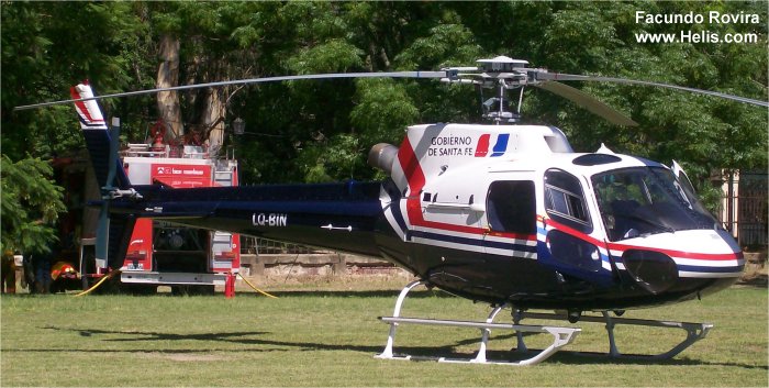 Helicopter Eurocopter HB350B3 Esquilo Serial 4230 Register LQ-BIN PP-MZC used by Gobiernos Provinciales Gobierno de Santa Fe (Santa Fe Province Government) ,Helibras. Built 2007. Aircraft history and location