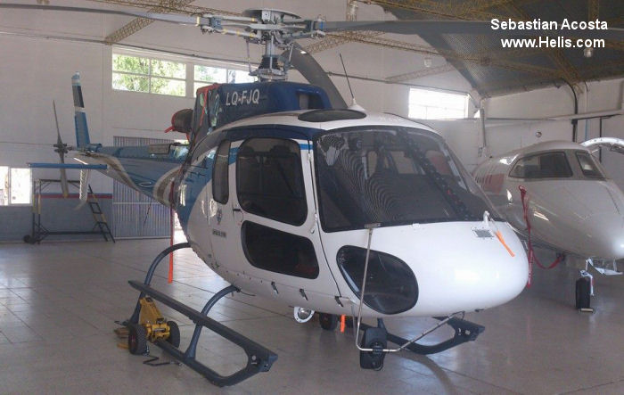 Helicopter Eurocopter AS350B3e Ecureuil Serial 7574 Register LQ-FJQ used by Gobiernos Provinciales Gobierno de Santiago del Estero (Santiago del Estero Province Government). Built 2012. Aircraft history and location