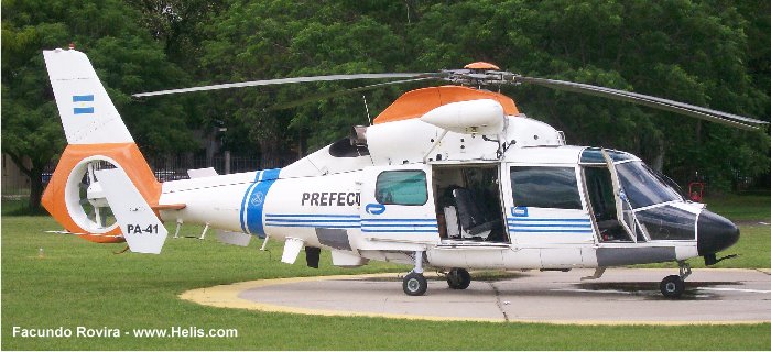 Helicopter Eurocopter AS365N2 Dauphin 2 Serial 6502 Register PA-41 used by Prefectura Naval Argentina PNA (Argentine Coast Guard). Aircraft history and location