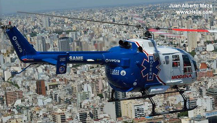 Helicopter MBB Bo105CBS-4 Serial S-754 Register D-HDXP LV-BZX N485EC N722MB used by MBB Modena Air Service US Helicopters Inc State of North Carolina. Built 1986. Aircraft history and location