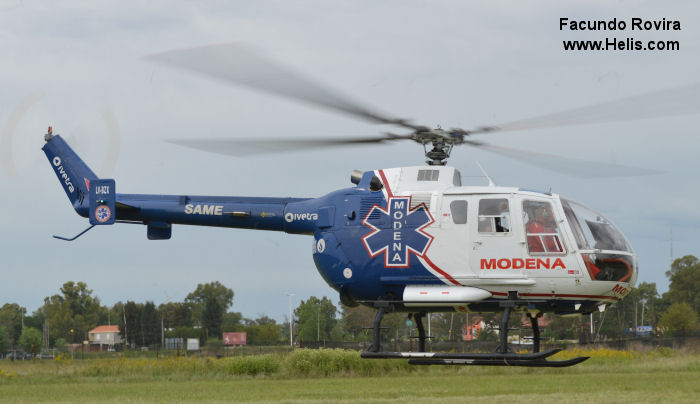 Helicopter MBB Bo105CBS-4 Serial S-754 Register D-HDXP LV-BZX N485EC N722MB used by MBB Modena Air Service US Helicopters Inc State of North Carolina. Built 1986. Aircraft history and location