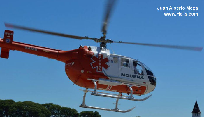 Helicopter MBB Bo105CBS-4 Serial S-829 Register D-HFCM LV-CSM N105CR used by MBB Modena Air Service. Built 1990. Aircraft history and location