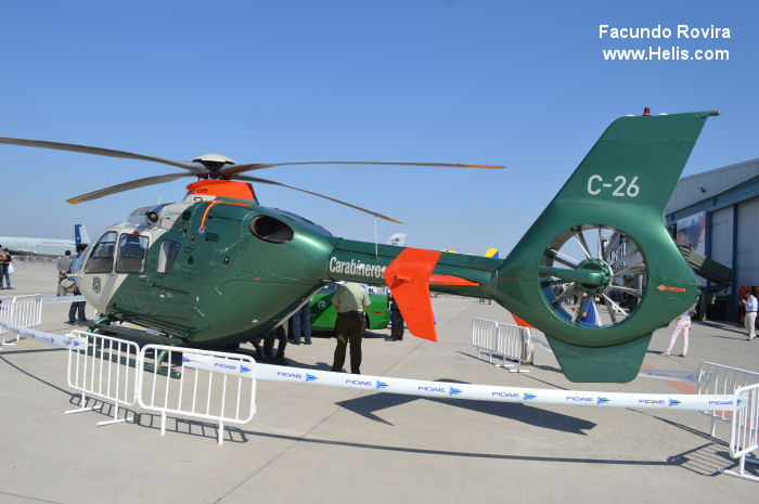 Helicopter Eurocopter EC135P2+ Serial 0768 Register C-26 used by Carabineros de Chile (Chilean Gendarmerie). Built 2009. Aircraft history and location