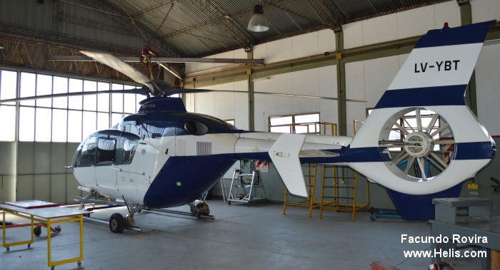 Helicopter Eurocopter EC135T1 Serial 0029 Register LV-YBT D-HECO used by Gobiernos Provinciales Gobierno de la Provincia de Buenos Aires (Aeronautics Division of Buenos Aires Province) ,Eurocopter Deutschland GmbH (Eurocopter Germany). Built 1997. Aircraft history and location