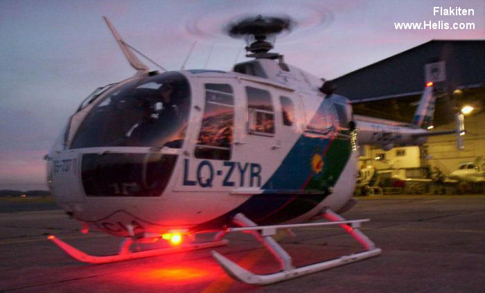 Helicopter MBB Bo105CBS-4 Serial S-737 Register LQ-ZYR used by Policias Provinciales (Argentine Provinces Police Units). Built 1985. Aircraft history and location