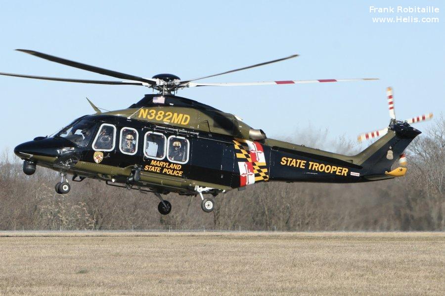Helicopter AgustaWestland AW139 Serial 41287 Register N382MD used by MSP (Maryland State Police). Built 2012. Aircraft history and location