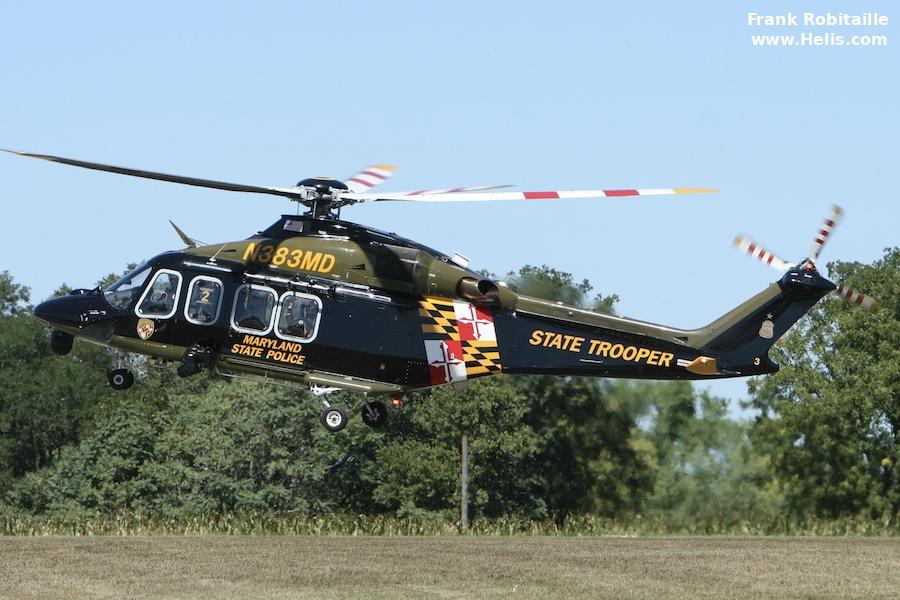 Helicopter AgustaWestland AW139 Serial 41289 Register N383MD used by MSP (Maryland State Police). Built 2012. Aircraft history and location