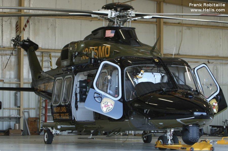 Helicopter AgustaWestland AW139 Serial 41291 Register N385MD used by MSP (Maryland State Police). Built 2013. Aircraft history and location