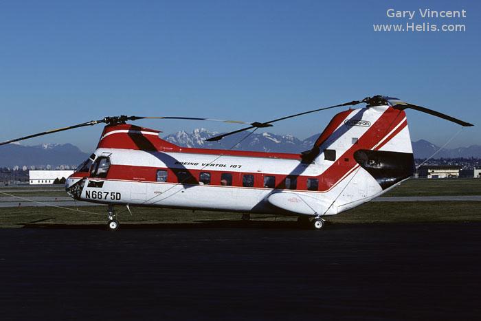 Helicopter Boeing-Vertol 107-ii Serial 5 Register ZK-HCW C-GHFI N6675D used by Helifor ,Columbia Helicopters ColHeli ,New York Airways. Built 1962. Aircraft history and location