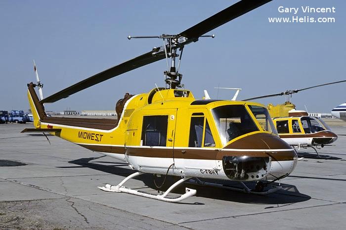 Helicopter Bell 204B Serial 2010 Register VH-EJL C-FGAI OB-1835-P CC-CLI C-GEAW N588P C-FBHY N588PH used by Forest Air Helicopters ,Eagle Copters ,Servicios Aereos De Los Andes ,Okanagan Helicopters ,Midwest Helicopters ,PHI Inc. Built 1963. Aircraft history and location